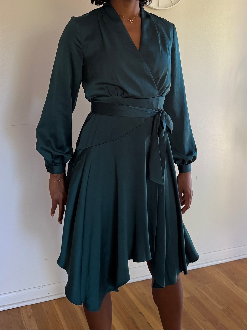 Satin Wrap Midi Dress in Deep Teal
